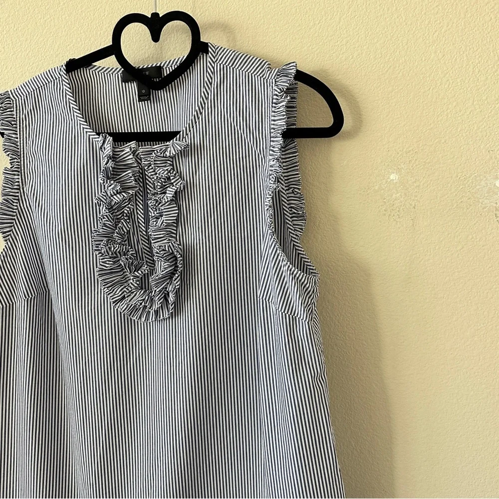 J. Crew Navy White Striped Ruffle Sleeveless Cotton Blouse Size 10
